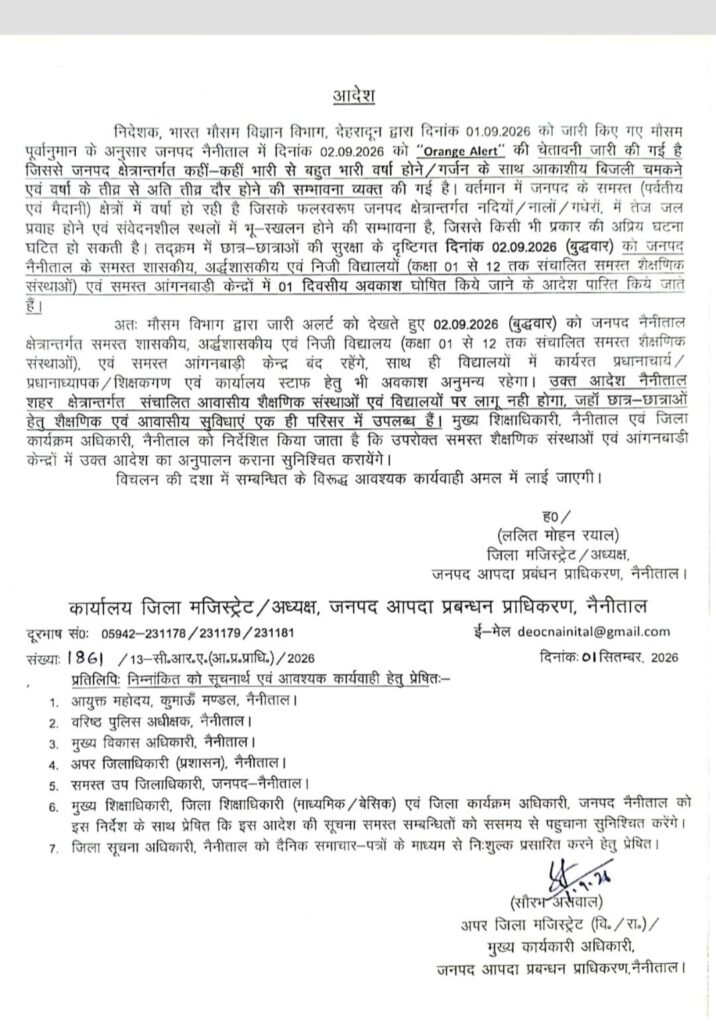 नैनीताल में स्कूल 2 सितंबर को रहेंगे बंद